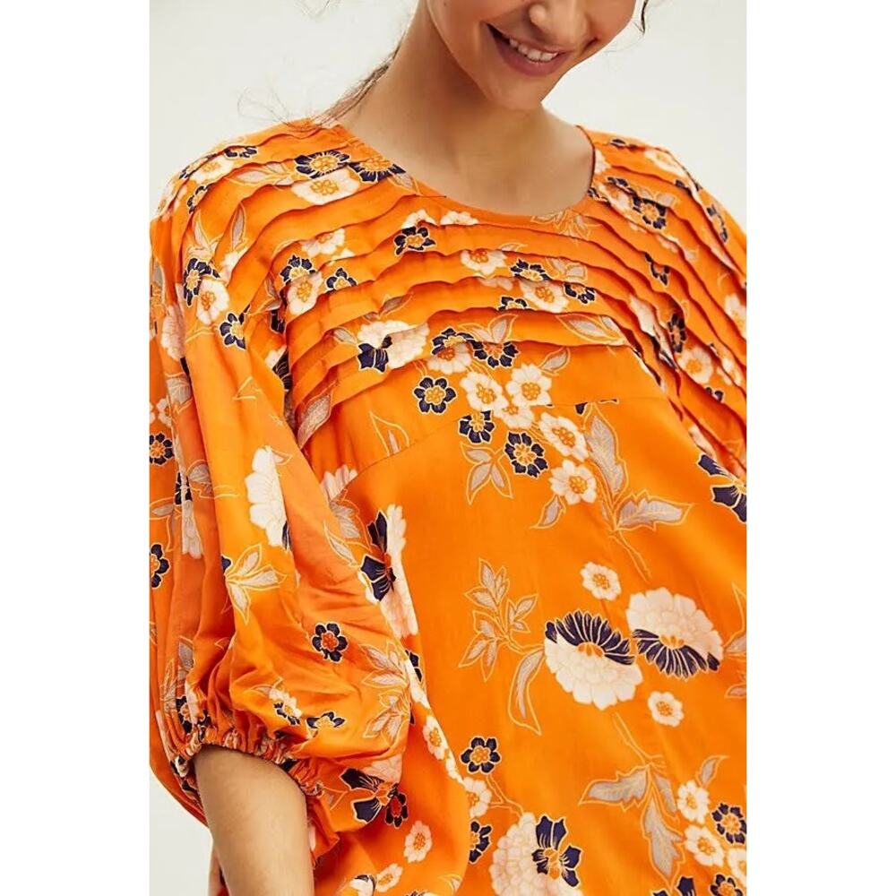 Free People Edie Oversized Orange Floral Open Back Hi Lo Boho Tunic Blouse XS - Picture 2 of 7